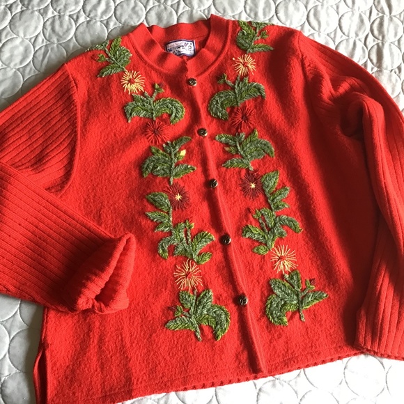 April Cornell Sweaters - VINTAGE APRIL CORNELL RED BOILED WOOL & CHENILLE EMBROIDERED CARDIGAN SIZE L-XL